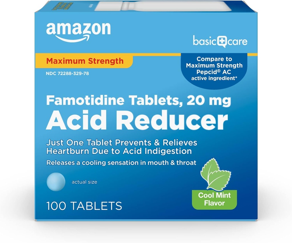 基本护理 Famotidine 20mg 凉薄荷片,100个伯爵,白色