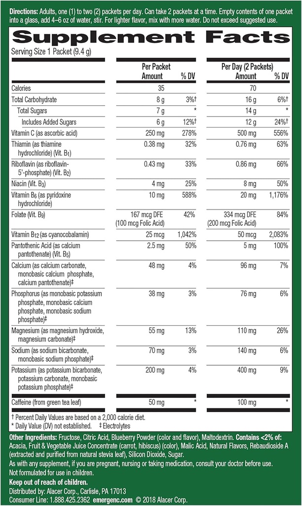 Emergen-C Energy+,与B维生素,维生素C和天然咖啡因来自绿茶(蓝莓Acai Flavor) 饮食补充饮料混合剂,0.33 Ounce Powder Packets(18包)