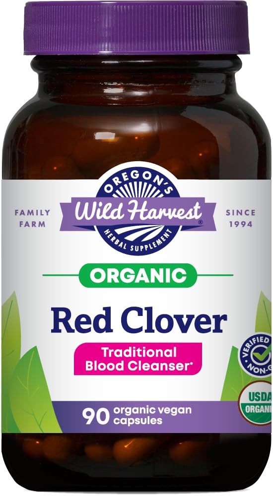 俄勒冈州野生收获红色克洛弗卡普勒斯,非GMO有机草药补充剂,90 Counter,Organic Red Clover Blossoms and Leaf (Trifolium pratense),非GMO Vegan Capsules and Nothing Else