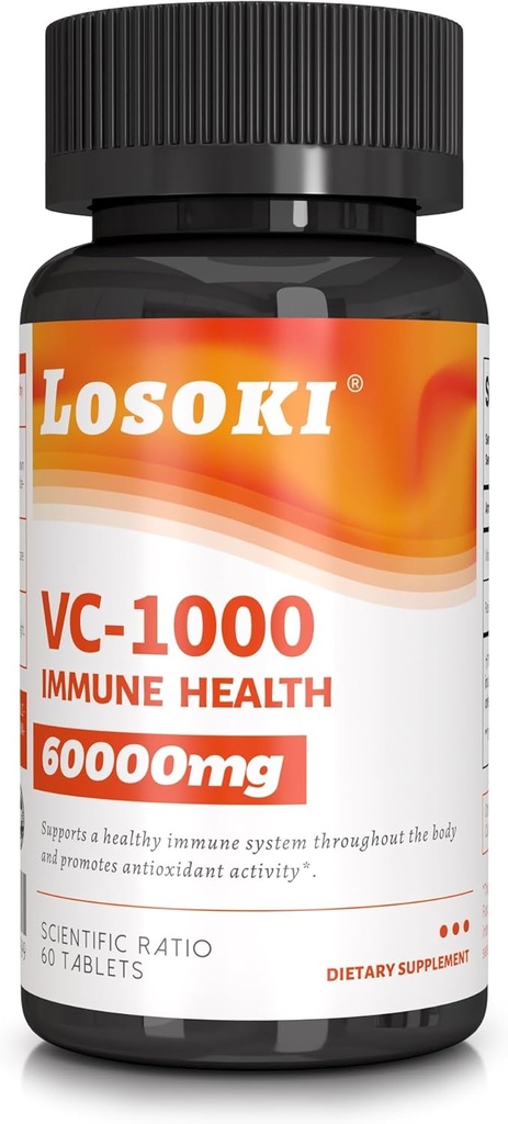 Losoki VC 1000 - 高剂量维生素C补充剂用于免疫支持和抗氧化剂保护 - 配有玫瑰HIPS粉末的缓冲公式 - 60块