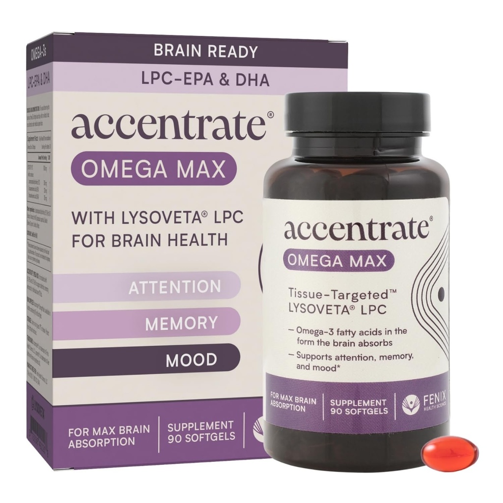 Omega Max w/LYSOVETA LPC → EPA & DHA 对大脑和视网膜健康的补充 → 聚焦,关注,记忆,Mood & Vision → 6X 鱼油的较高吸收 → 高概率 Omega-3 LPC-DHA