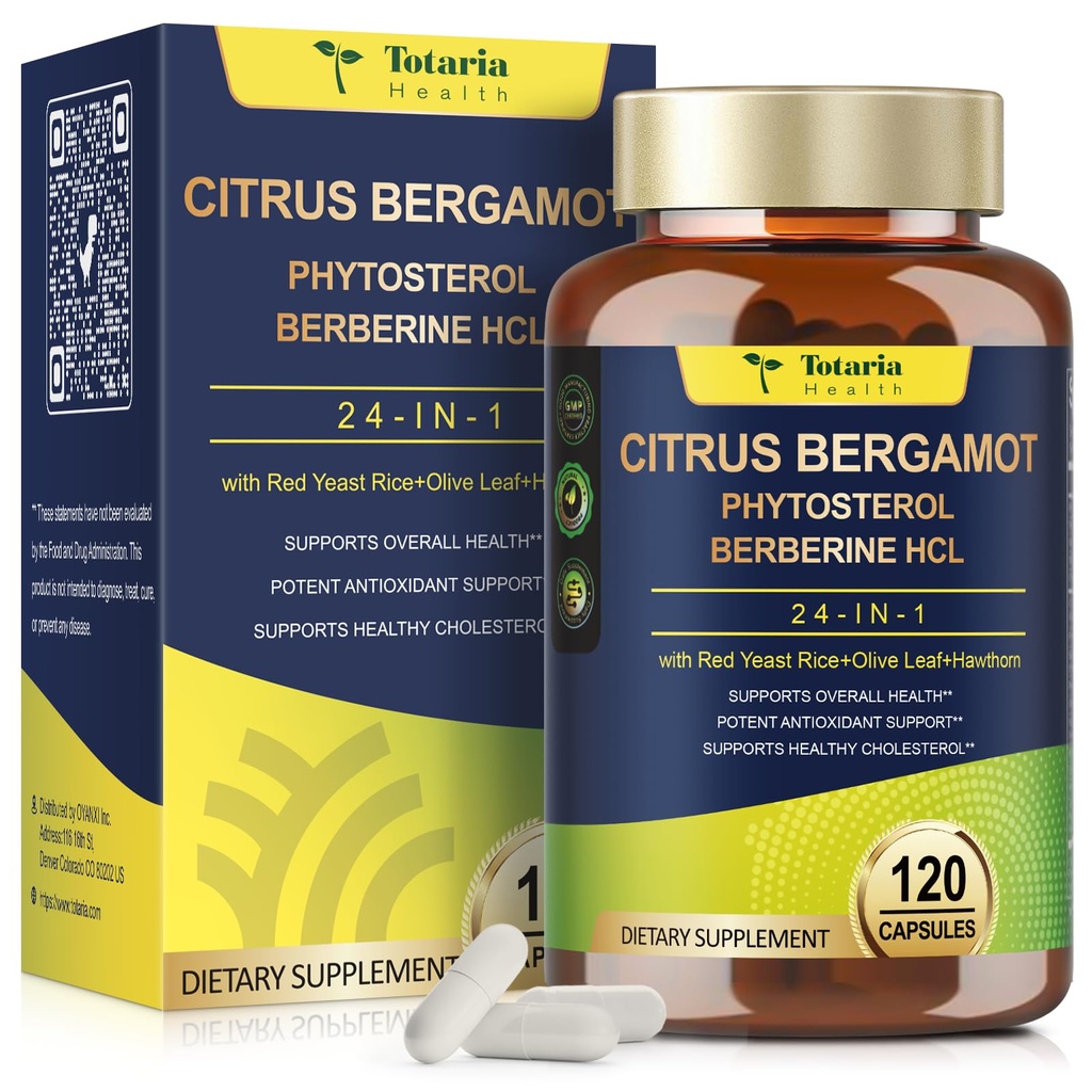 高胆固醇Totaria Citrus Bergamot 补充剂 -- -- 意大利Citrus Bergamot 补充剂 & Plant Sterols Stanols 男女胆固醇健康,Vegan,非GMO,120个计数
