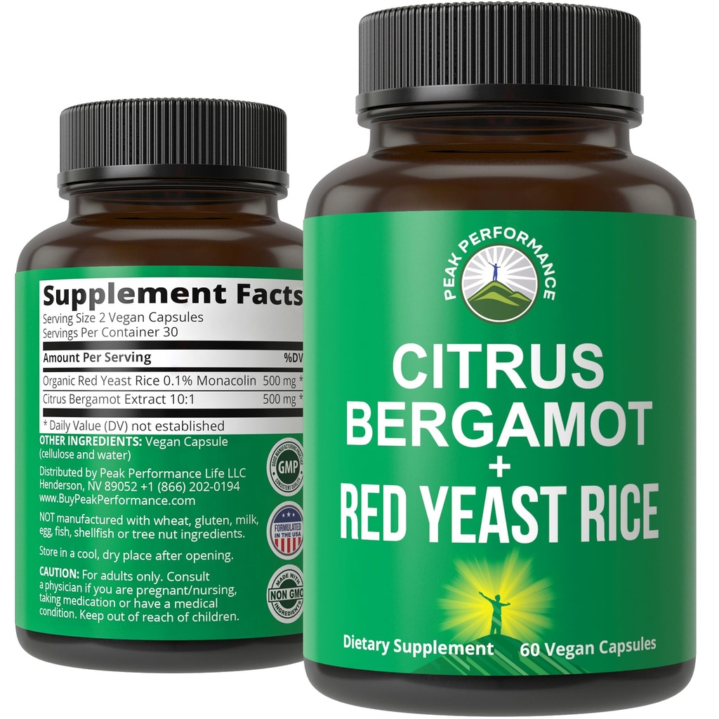 Citrus Bergamot + 红酵母大米. 2-in-1 补编. 高强度10:1 Bergamot 提取器. 没有胶,零糖,维根卡普勒斯