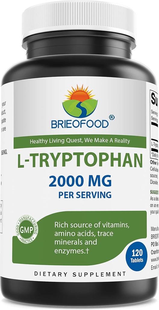 Brieofood L-Tryptophan 每架服务 - 120平板 - 支持Poisitive Mood & Relaxation