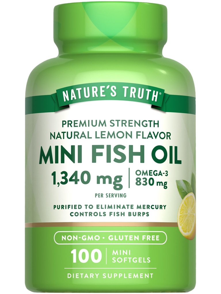 大自然的真相迷你鱼油 Omega 3 → 1340 mg → 100 软胶 → Burpless Lemon Flavor → 非GMO & Gluten 免费补充品