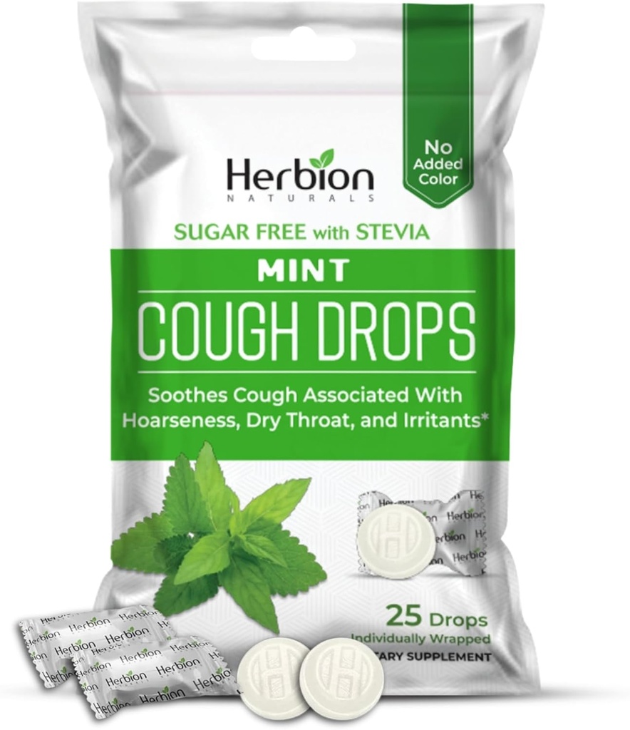 HERBION Naturals Cough Drops,无糖与Stevia,饮食补充,Soothes Cough,供6岁以上的成人和儿童使用,125滴(5袋),薄荷