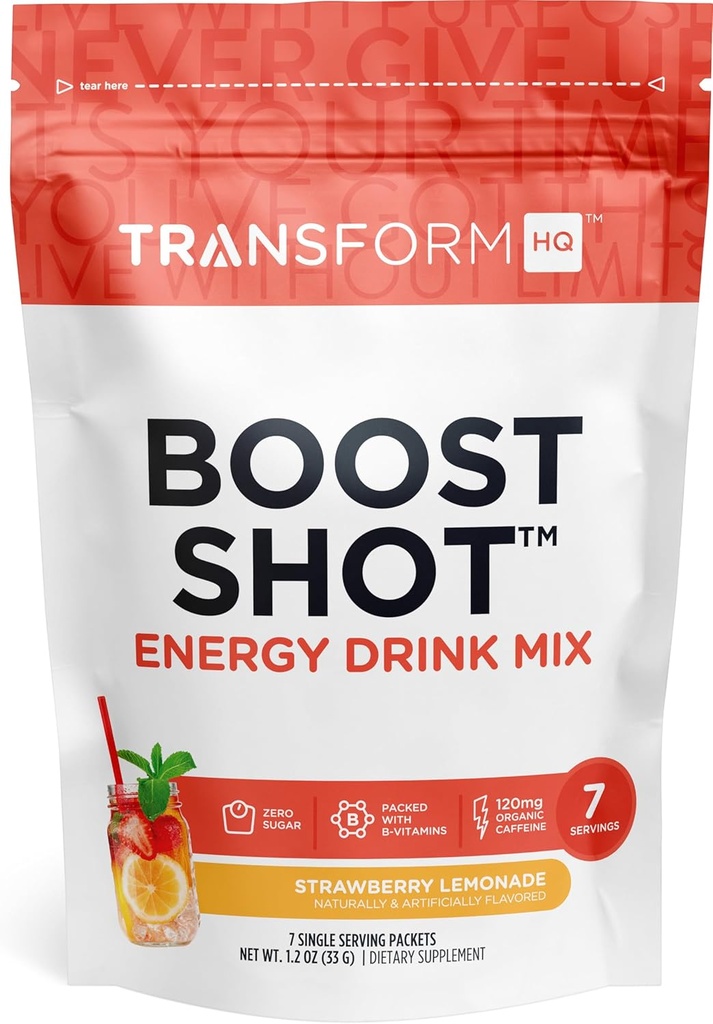 TransformHQ Boost Shot Powder 饮料棒包装,草莓柠檬汁,7 Pack,男女能量补充,配有咖啡因,维生素B12,B9,B6和B3