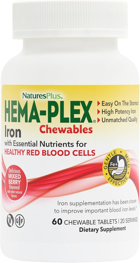 Natures Plus Hema-Plex Iron - 60 Mixed Berry Chewables - 85 mg 元素铁 - 总血液健康 - 维生素C & Bioflavoids - 非GMO, Vegan & Gluten Free - 20 services