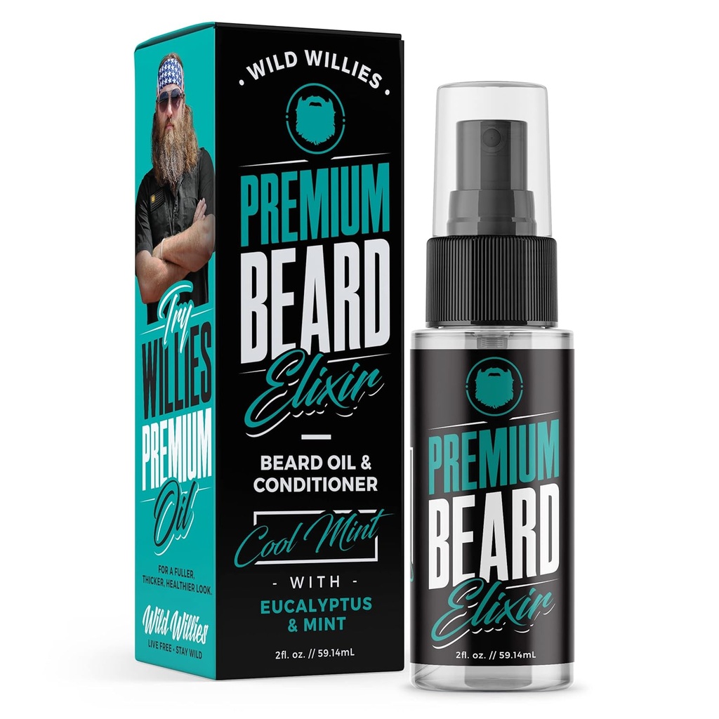Wild Willishs Premium Beard Oil & Contitioner 天然,有机成份促进快速的熊皮生长,移除Itch & Dandruff - 深柔性治疗还原湿液 - 2 Oz, Cool Mint Scent