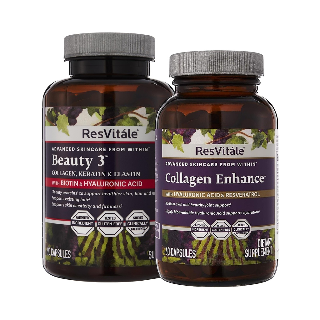 ResVitale Beauty 3 - 皮肤护理补充剂 Collagen, Keratin & Elastin - 90 Capsules & Collagen Conference - 美容补充剂 Hyaluronic Acid & Resveratrol - 60 Capsules