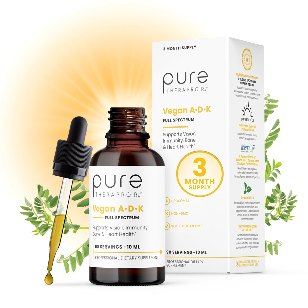 纯Therapro Rx Vegan A-D-K 下降 10 Ml, 在美国制造 3个月供应 维生素 A (Palmitate), Liposomal 维生素 D3(Pureshine), Liposomal 维生素 K2(MK-4 & MK-7) 支持豁免和骨质健康
