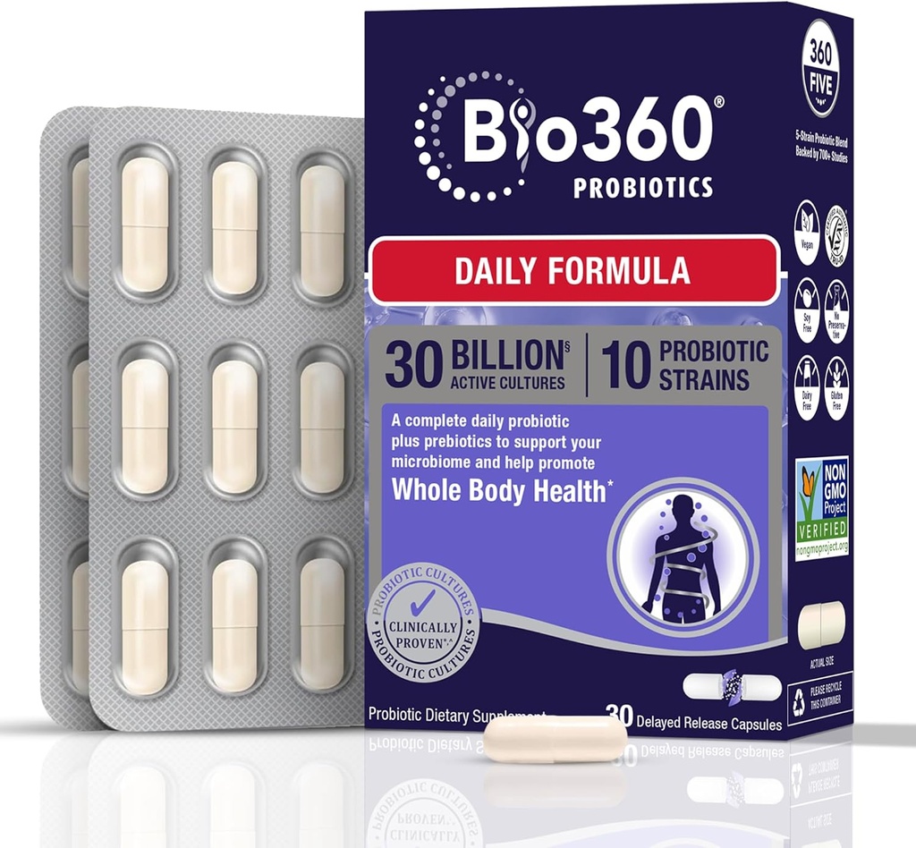 Bio360 Adult Daily Probiotic Supplement for Women & Men, 30 Billion CFU, 10 Strains, Organic Prebiotic Fibers, Digestive & Immune Health, Occasional Constipation, Diarrhea, Gas & Bloating, 30CT