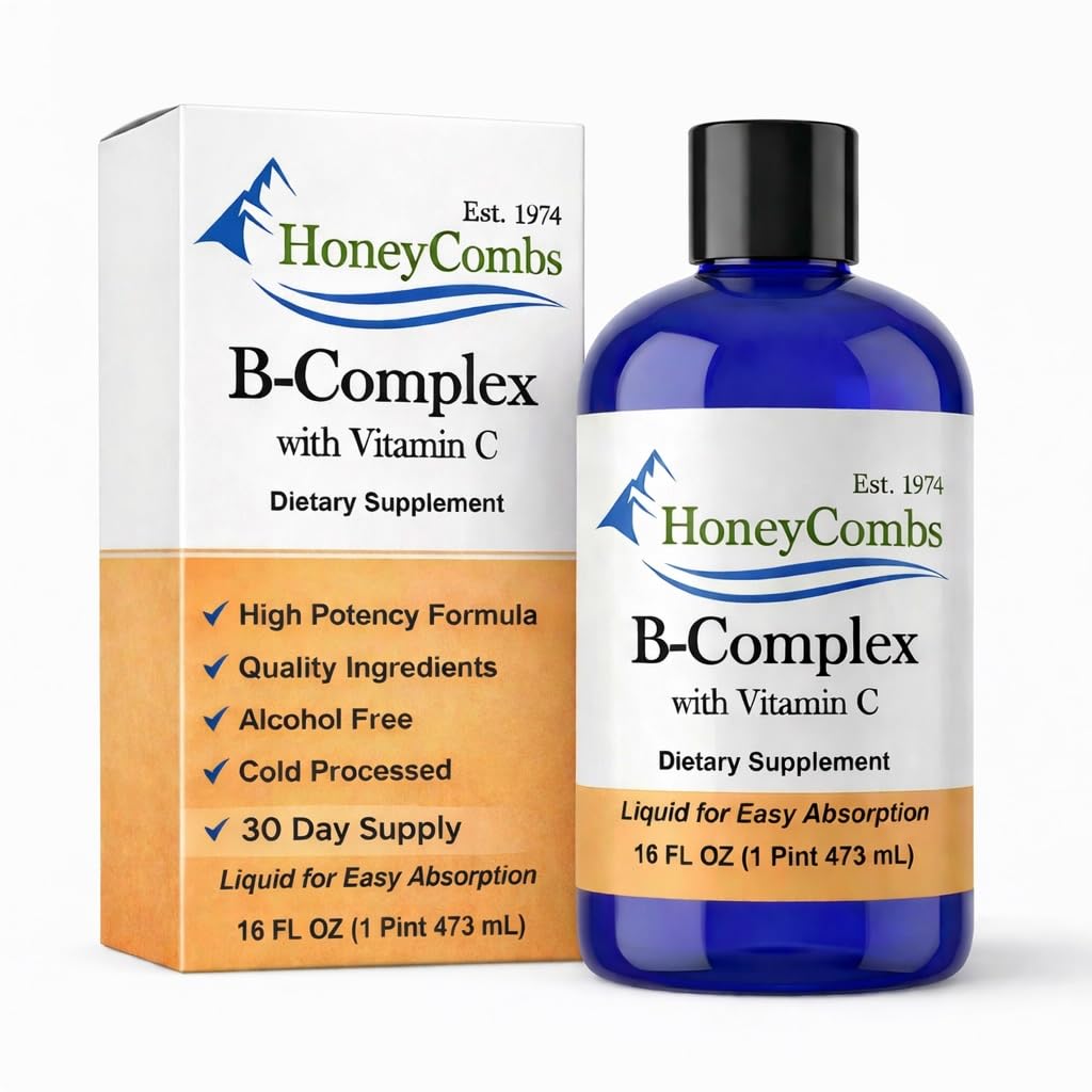HoneyCombs Vitamin B Complex Drops – 配有维生素B1,B2,B3,B5,B6,B7,B9,B12和Vitamin C – 超级B 复合维生素 – 无酒精液体维生素补充,16 Fl Oz.