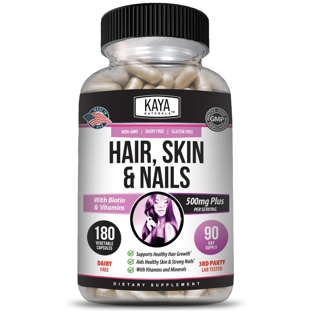 Kaya Naturals Mair Skin Snail Capsules BIOTIN 维生素D 维生素B-12 A 叶酸支持 毛酸支持 维生素补充 - 180 计数