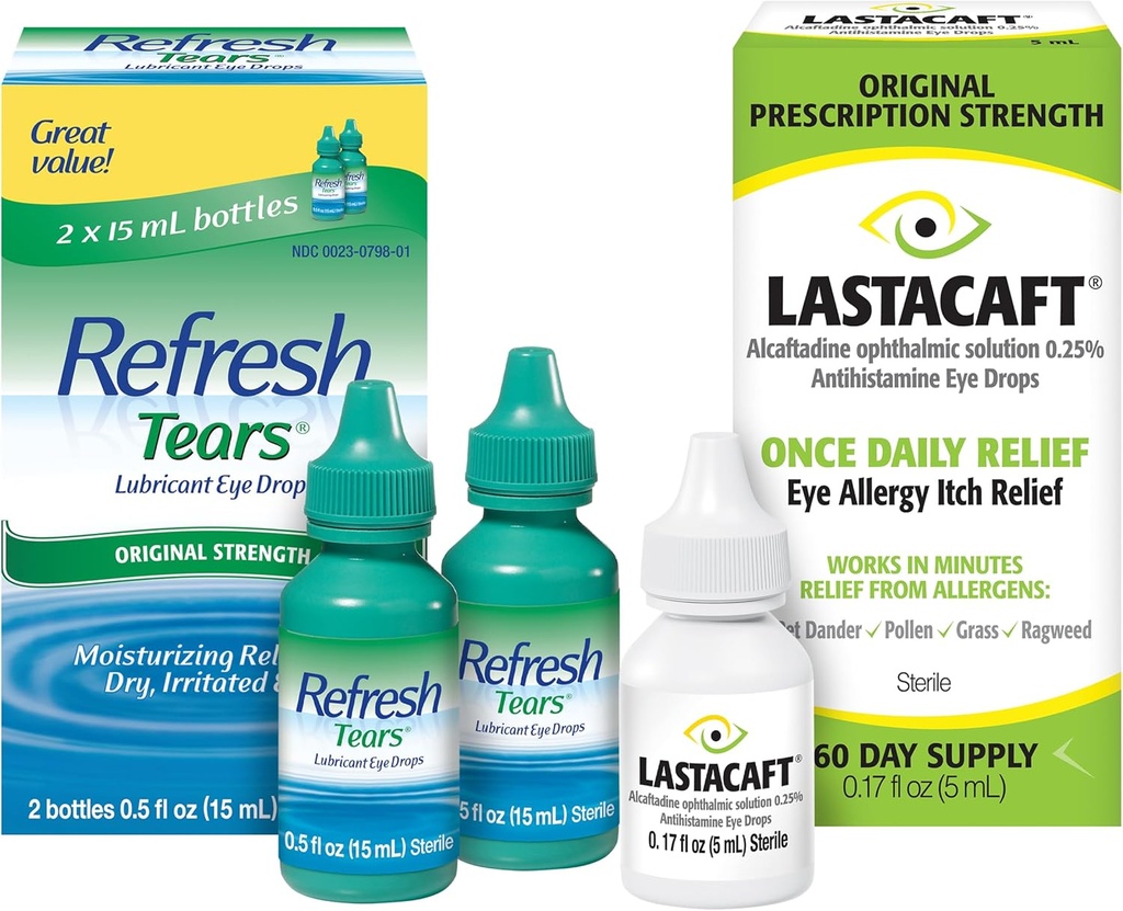 刷新眼泪盒 润滑油眼滴 2 个数 (一包) + Lastacaft Once Daily Eye Allergy Itch Relief Drops, 60日供应, 0.17 Fl Oz (一包)