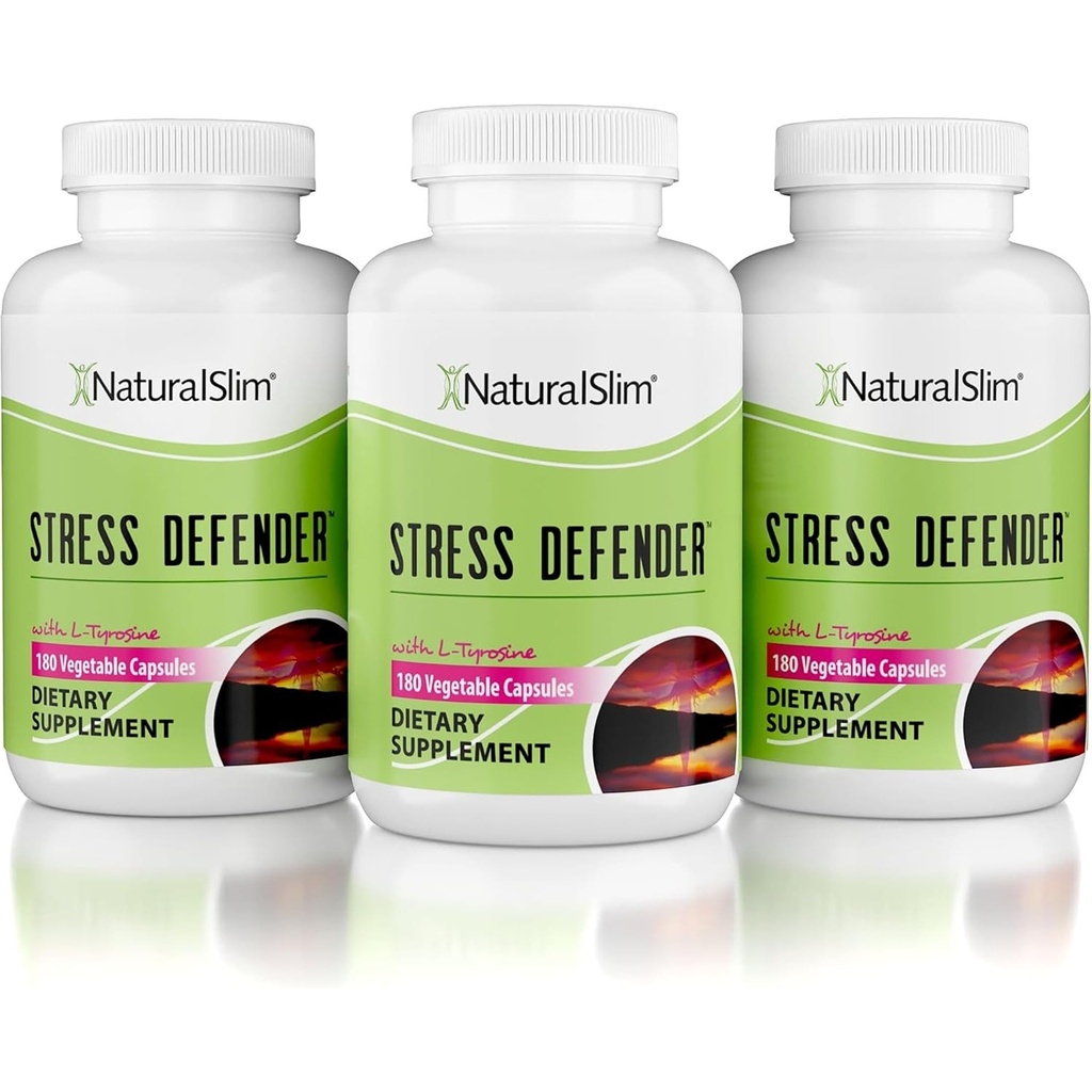 NaturalSlim Stress Defender Supplement, Daily Stress Support & Cortisol Balance Formula with Vitamin B5 Pantothenic Acid and L Tyrosine, Sleep Routine & Metabolism Support, 180 Vegetable Capsules 3pk