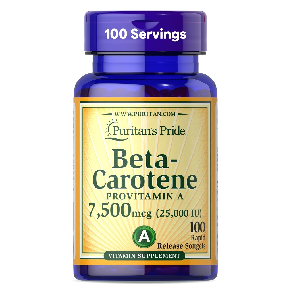 清教徒的骄傲 Beta Carotene Provitamin A 7,500 mcg(25,000 IU),免疫系统维生素补充剂,抗氧化剂和眼部健康支持,100天供应,100快速释放软胶