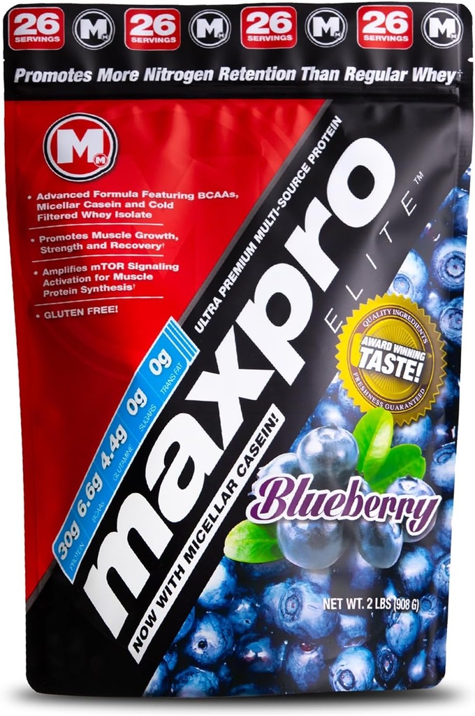 Max Muscle Maxpro Elite 蛋白质蛋白粉 + 30g 蛋白质 + 0g 糖 + 6g BCAAs → Micellar casein 冷过滤 Whei 孤立蛋白 → 促进肌肉生长和复苏(蓝莓, 2lb)