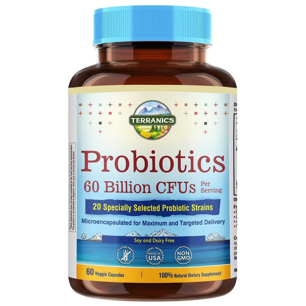 60亿科联、20科联、60科联、60科联、Prebiotics & Probiotics、床架稳定男女共生补充、消化和免疫健康、非GMO、NO Soy、奶制品和Gluten