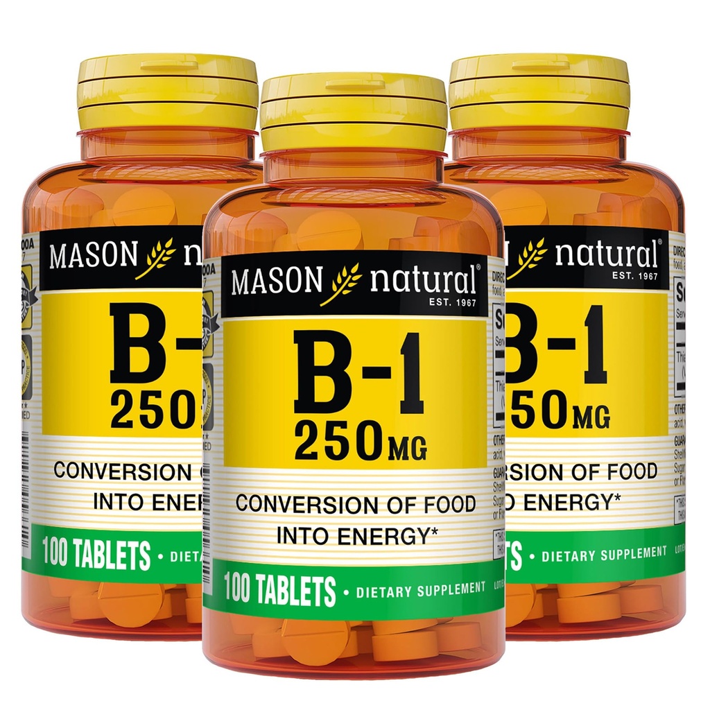 MASON 天然维生素B1 Thiamine 250 mg, 300 mg, 日用品, 支持自然能量水平的膳食补充品, 100 平板药(3包)