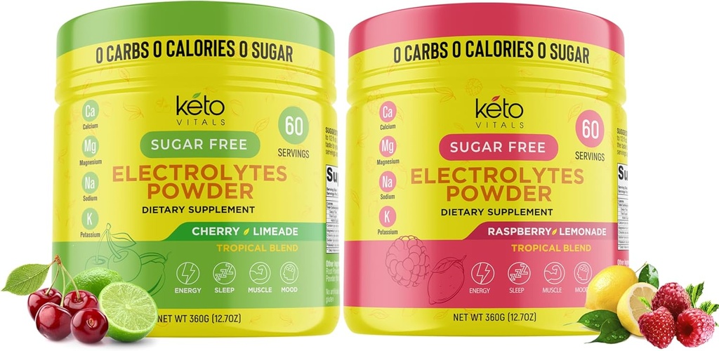 Keto Vitals Cherry Limeade Bundle 配有 Raspberry Lemonade - 2 Pack Bundle Keto 电解质粉 - 配有钾,镁,钠,钙的电解质 - Cherry Limeade & Raspberry Lemonade