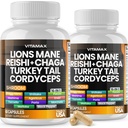 Vitamax Lions Mane Mushroom,土耳其 Tail, Chaga & Reishi, Cordyceps Shiitake White Elm King Trumpet Nameko Oyster Porcini Focus & Energy - 美国制造