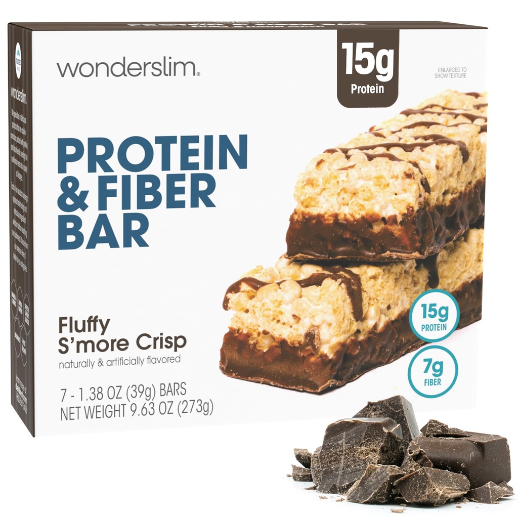 Wonderslim 高纤维蛋白棒,Fluffy S'more Crisp → 15g 蛋白质, 8g Fiber → 低糖, 低碳 → 健康浸润 → 满足, 支持能量和上行便利, 7 Pack