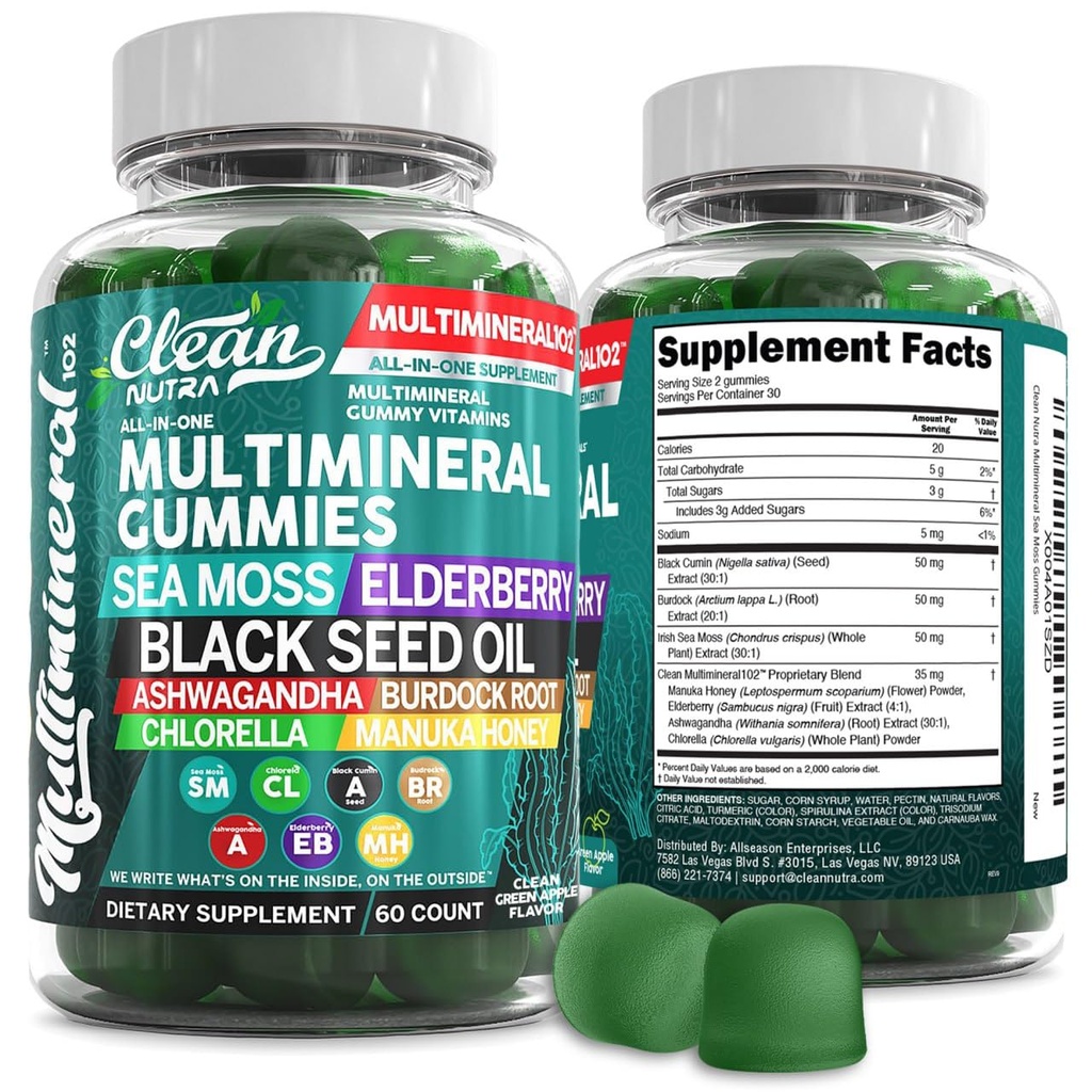Sea Moss Gummys QQ临床测试 - 黑种子油 Ashwagandha 长老莓 Burdock 根氯草原 Manuka Honey - Vegan 爱尔兰海 Moss Gummy Vitamins for 成年儿童 男子 女子 - 绿色苹果 Flavor
