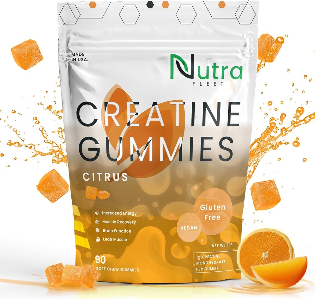 Creatine Monohydrate Gummys - 5g 可嚼的Monohydrate gummy for Men & Men & Women - 增强力量,肌肉建设者 - Boosts Energy & Focus - 低卡路里, Vegan & Gluten 免费 QQ90 Citrus