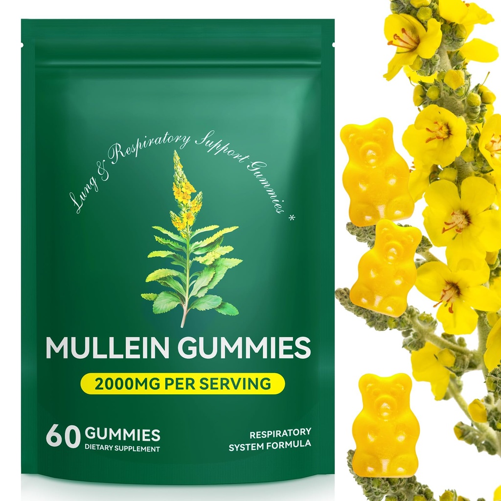 Mullein Gummys for Lung Detox, 2000mg Mullein 叶片提取用于呼吸和消化及免疫支持,有机Mullein 草药补充用于呼吸消毒的Mucus Relief, Imune, Vegan 60 Gummys