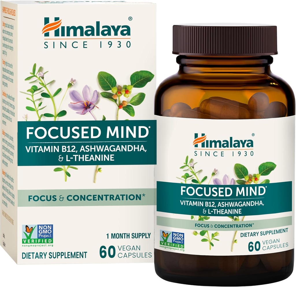 喜马拉雅省与Ashwagandha、Bacopa & L-Thenine共同关注焦点、能量和注意力,60 Capsules,1个月供应,Vegan,Gluten Free