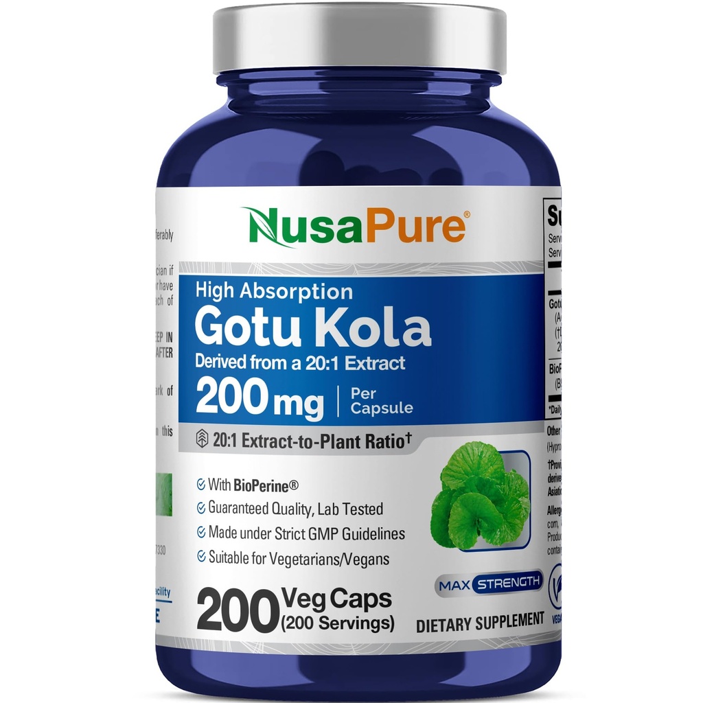 NusaPure Gotu Kola Capsules 20:1 提取物,200毫克等效于4000毫克/百草本,200 Counter, Non-GMO, Vegan, Bioperine - 传统草本提取物
