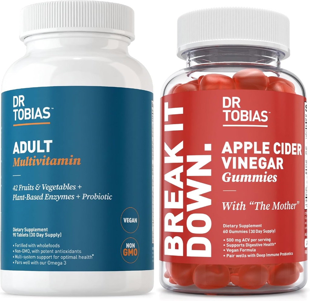 Dr. Tobias Adult Multivamin & Apple Cider Vinegar Gummies, Supports Energy, Immunity & Gut Health, with 42 Fruits & Vegetables Plus Probiotics, Cludes The Mother, FOlate, B12