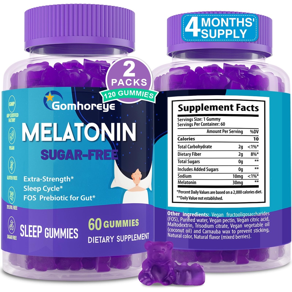 Melatonin Gummys for Adults 30 mg - 最大力量 Melatonin Gummys for Relaxation & Soothing, 外源性 Melatonin 补充FOS for Immune, Gut Health and pH 平衡,无糖 - 120个数