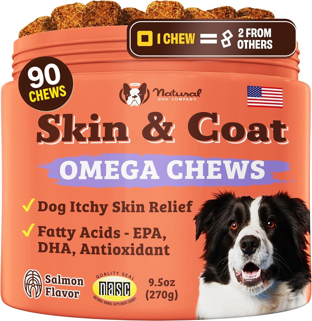 天然狗公司皮和煤 狗的补品 — Omega 3 沙门油, Biotin & Vitamin E 支持 Shiny Coat, 健康皮和普通 Shedding, 促进不定期痒症的安慰, 90 计数
