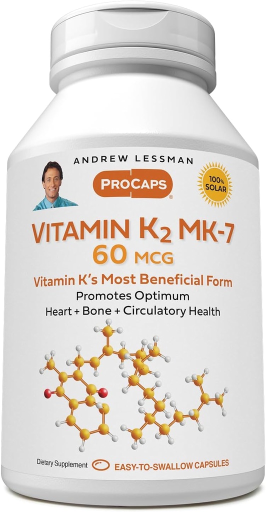 AndreW Lessman 维生素K2 MK7 60 mcg 60 Softgels - 对健康钙利用至关重要,促进优化骨骼、心脏和动脉健康。 没有附加物。 小容易吞软胶