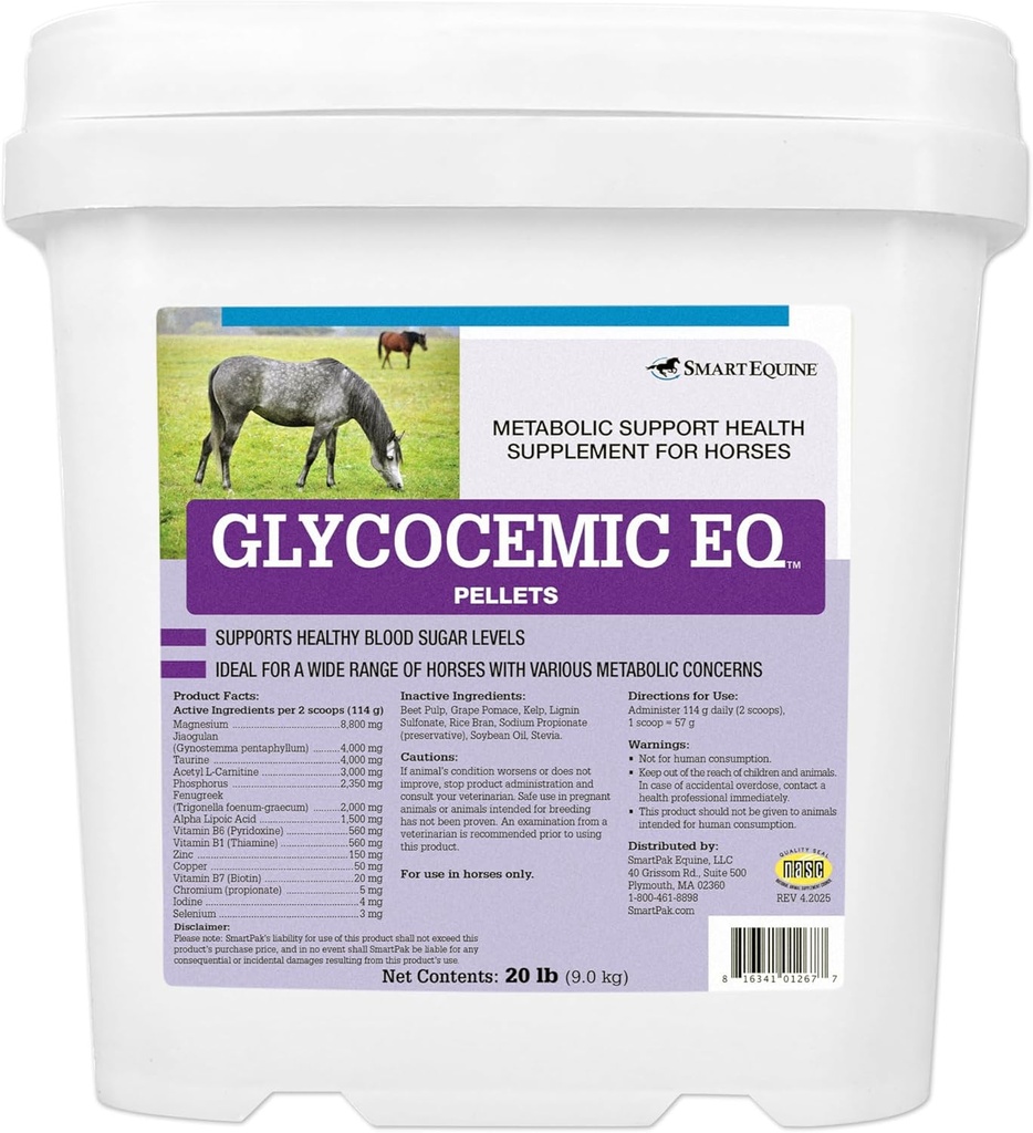 Glycocemic EQ Pellets QQ Equine 元件支持 QQ 甲状腺功能和健康体重支持 QQ Taurine, Jiaugulan, 和 More QQ 20 lb Bucket
