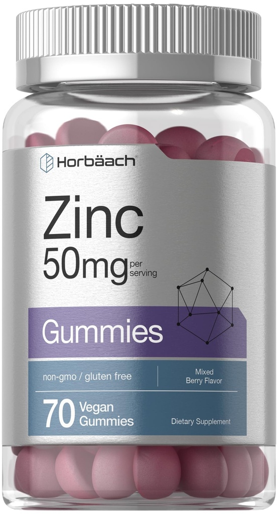 Horbäach Zinc 50mg 70 Gummys 混合贝里 Flavor | Vegan, Non-GMO and Gluten Free Formula | Zinc Citrate 饮食补充