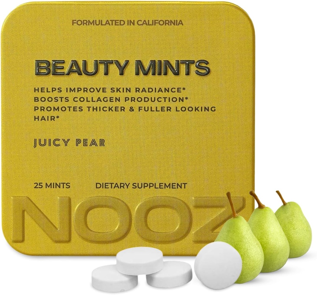 NOOZ 美丽薄荷 - 无糖生物素薄荷,用于光泽皮肤,健康头发和坚固的钉子 - Juicy Pear Flavor QQ 与抗氧化剂的旅游友好补充,维生素C,B6和B12 → 25 Mints