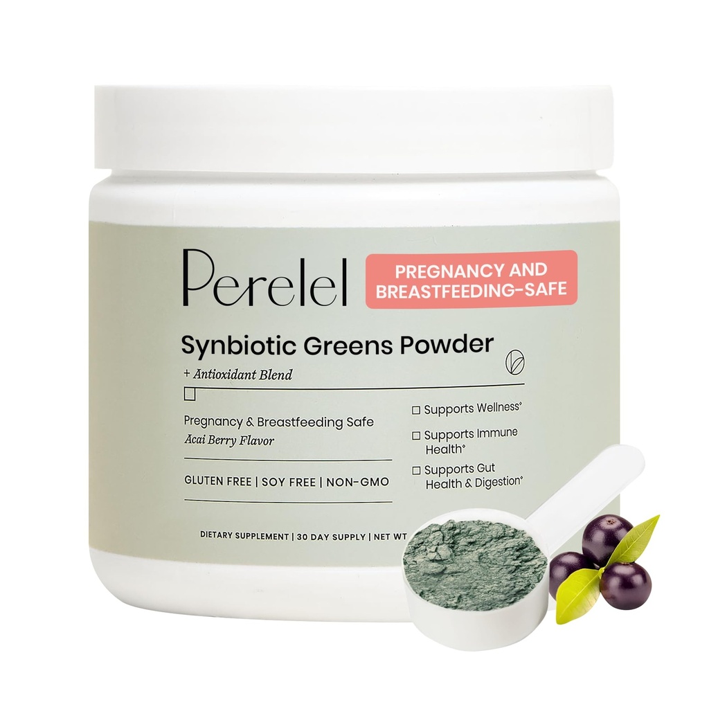Perel Synbiotic Greens Powder, 超食品混合水果,蔬菜, Probiotics, Fiber, Spiruina & Chlorella, Daily Greens Supplements, Soy & Gluten Free, 非转基因生物, Acai Berry Flavor, 30 services