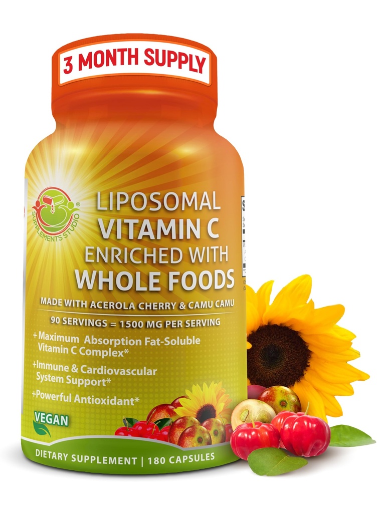维生素C C Capsules - 1500mg - 用有机Acerola Cherries & Camu Camu制成,高概率维生素C Liposomal - 免疫支持补充剂,增强吸收和生物利用率 - 180个计数