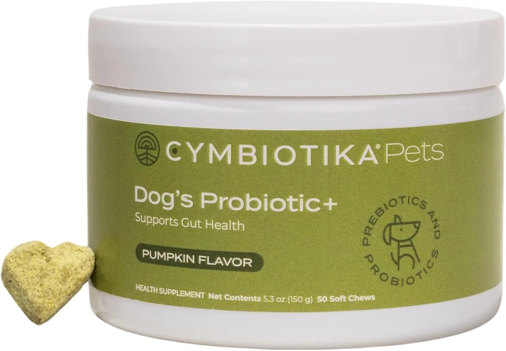 CYMBIOTIKA 狗Probiotic+,狗的Probiotics,Gut Health & Immune 支持补编,配有消化酶和绿色Blend,Prebiotics,Postbiotics,狗的补编,南瓜火焰,50 Chews