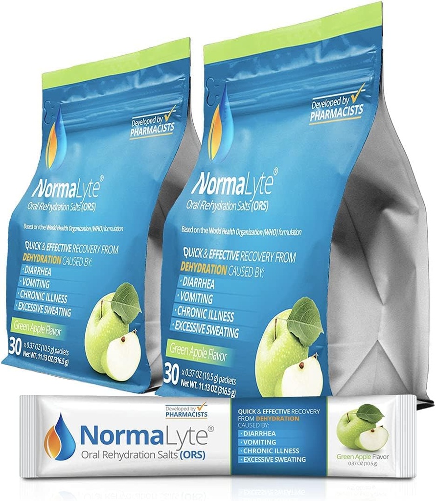 NormaLyte口服补水盐-2 邮袋 - 60根棒(每包500mL) - Apple|能源补充剂,钾补充剂,脱水回收和快速吸收
