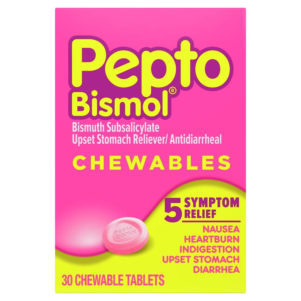 Pepto Bismol Chewable Tablets, Upset Stomach Relief, Nausea Relief, Heartburn Relief, Indigestion Relief, Anti Diarrhea Medication for Adults - 5 Symptom Relief, 30 ct