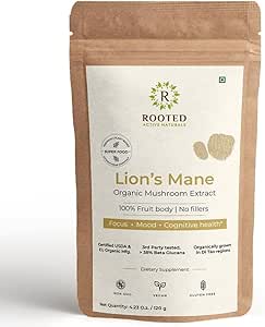 ROOTED Active's Lions Mane Mushroom 提取 Powder USDA Official, 38% 验证 Beta Glucans| 认知, 清晰, 焦点和迷你, 脑健康支持(4.23 Ounce)