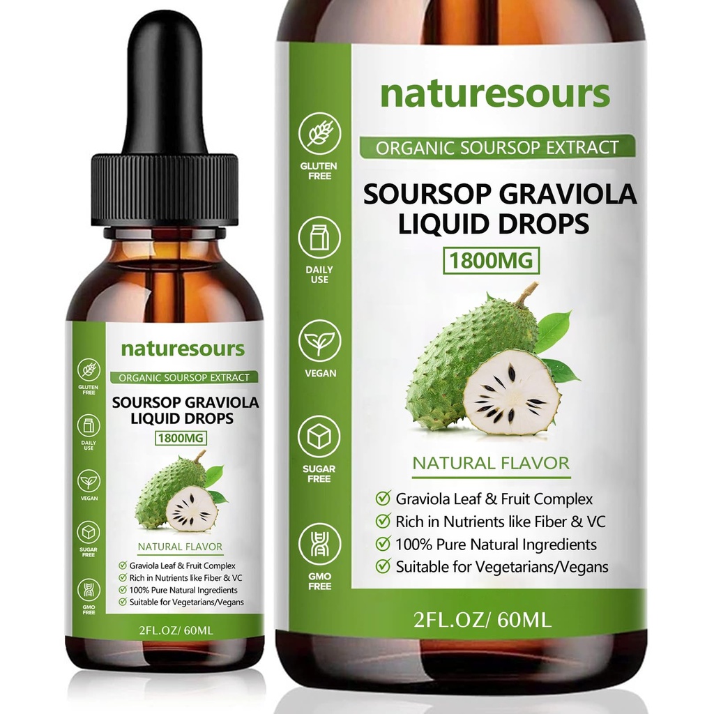 纯有机Soursop提取器、Soursop Graviola液滴1800MG、有机纯天然Soursop叶和水果提取器、无糖/葡萄糖,2 FL.OZ(1)
