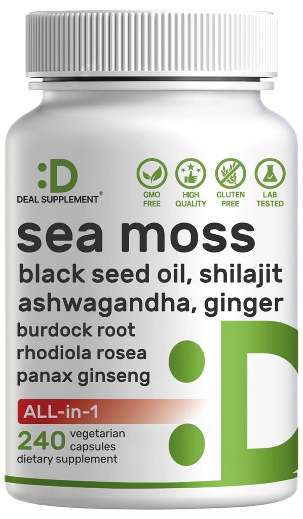爱尔兰海 Moss 7000mg Per service, 240 Veggie Capsules – 14 超级食品综合体 – 3000mg 黑种子油, 2000mg Ashwagandha, 600mg Ginger