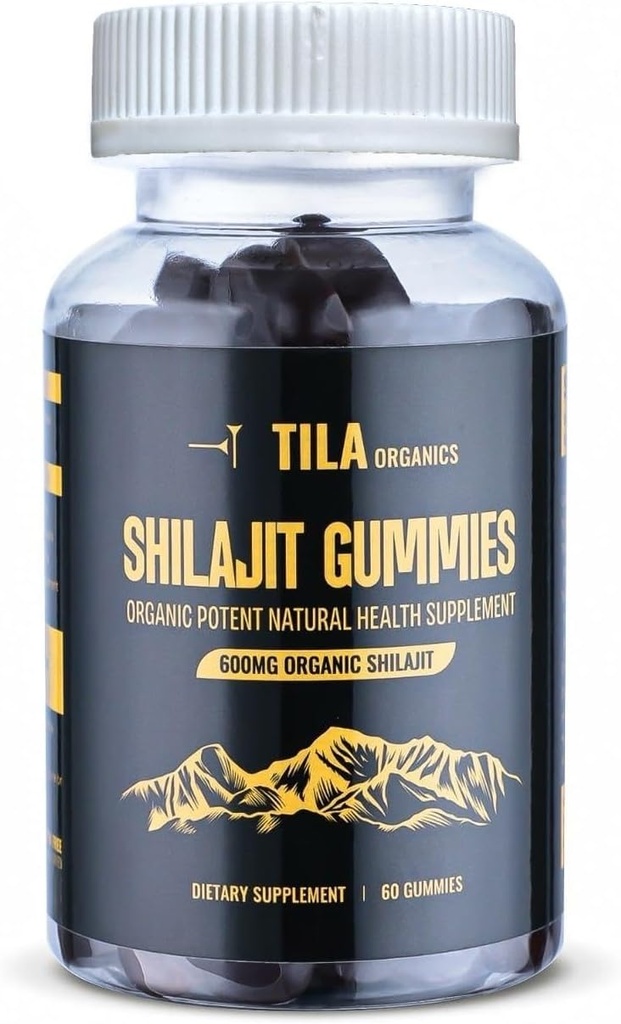 Tila Organization Himalayan Shilajit Resin 软宝石 - 60 Gummies, 600毫克 - 具有85种以上追踪矿物、富尔维奇酸和无胡米酸的男女自然补充剂