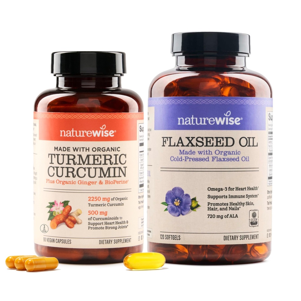 NatureWise Curcumin Turmeric 2250mg & Flaxseed Oil 1200mg Omega 3 6 9 软胶用于联合,心脏和免疫支持[1&2个月供应].