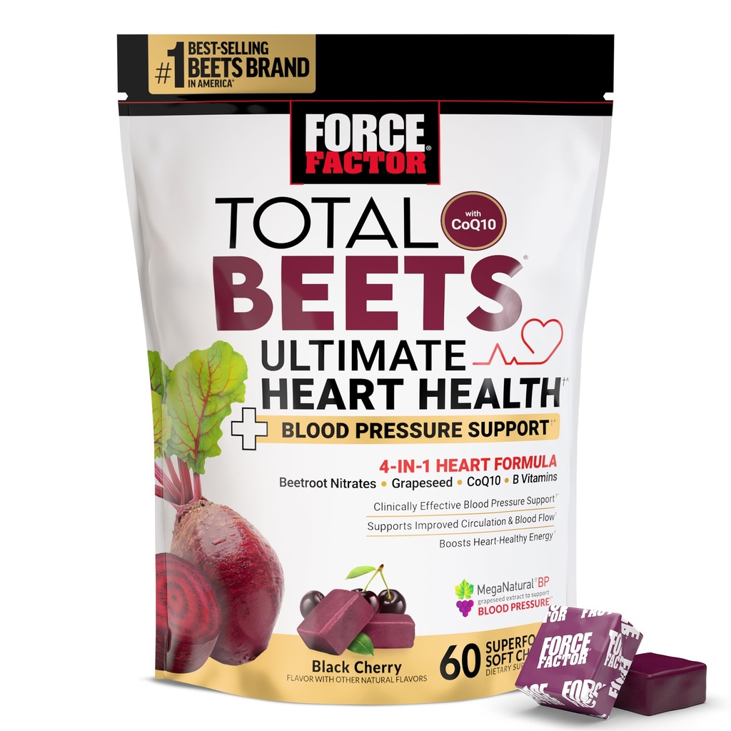 FORCE FACTOR 总 Beets Ultimate Heart Health Chews for Blood 压血支持,配有比特罗特粉,CoQ10,B维生素和葡萄籽提取血流与能量,黑樱桃,60软楚